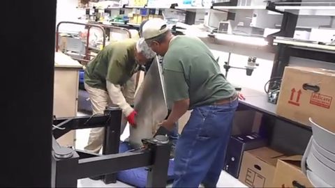 crew lifting a heavy optical lab table frame in a laboratory, face visible